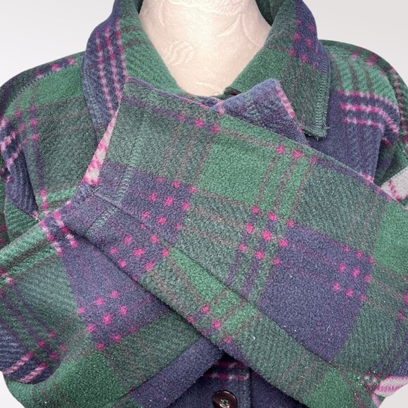 Basic Editions Plaid Fleece Button Up Shirt Jacket Green Purple Blue Large - Picture 8 of 9